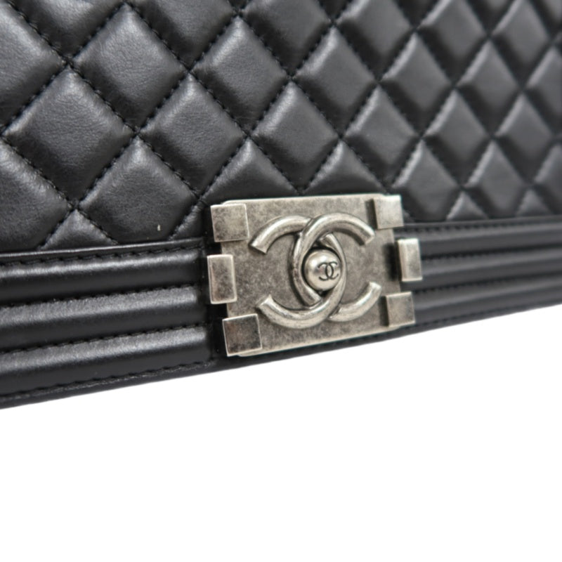 CHANEL BOY CHANEL Lambskin Shoulder Bag Black Silver Hardware