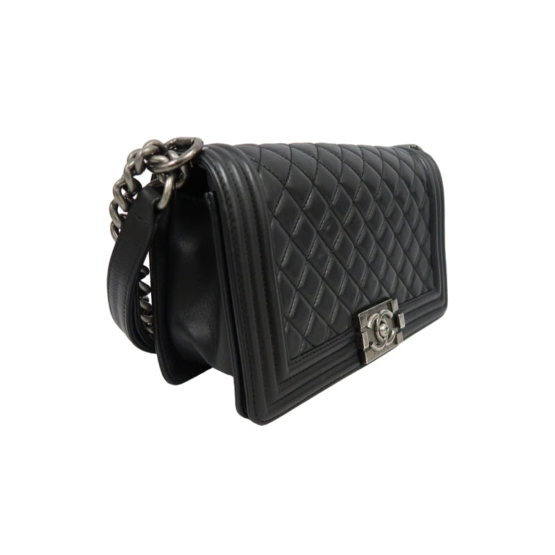CHANEL BOY CHANEL Lambskin Shoulder Bag Black Silver Hardware