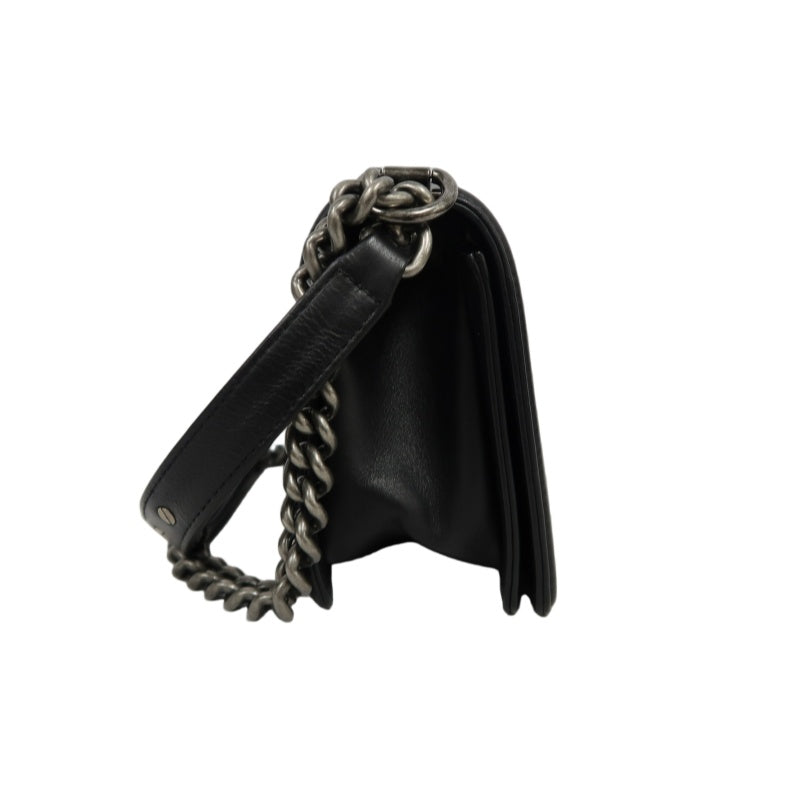 CHANEL BOY CHANEL Lambskin Shoulder Bag Black Silver Hardware