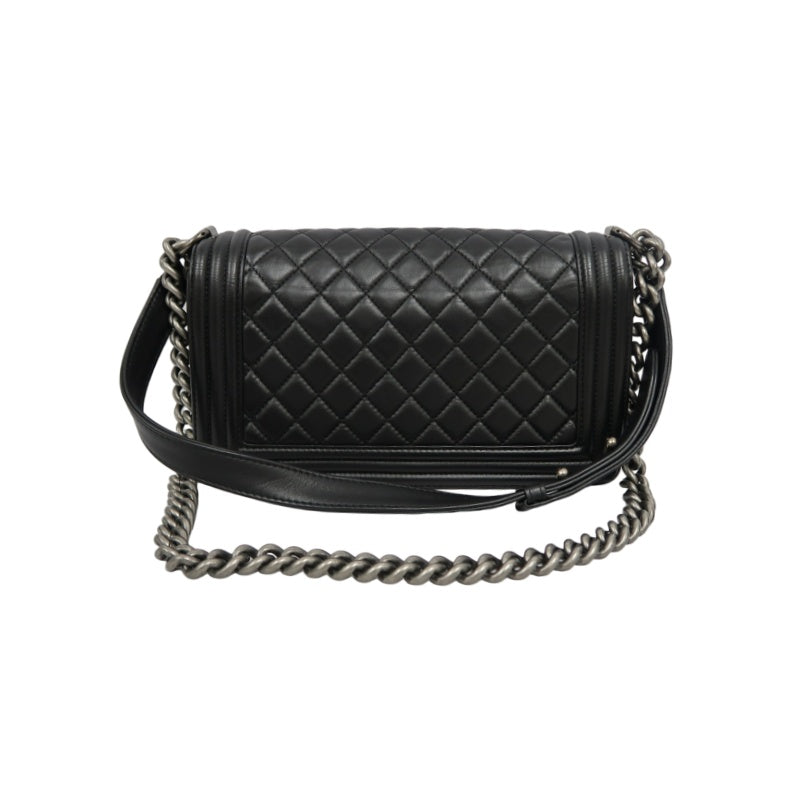 CHANEL BOY CHANEL Lambskin Shoulder Bag Black Silver Hardware