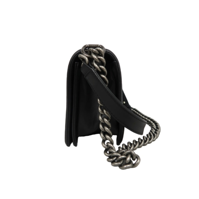 CHANEL BOY CHANEL Lambskin Shoulder Bag Black Silver Hardware