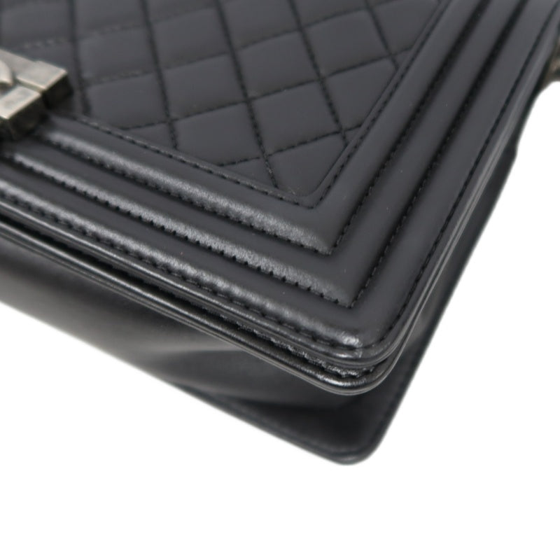 CHANEL BOY CHANEL Lambskin Shoulder Bag Black Silver Hardware