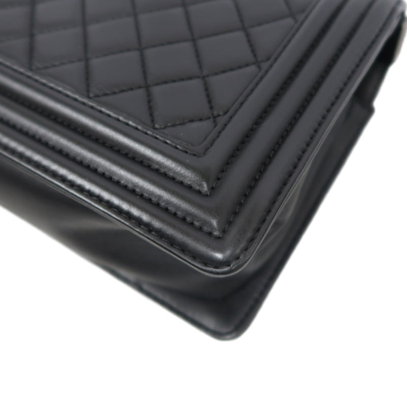 CHANEL BOY CHANEL Lambskin Shoulder Bag Black Silver Hardware