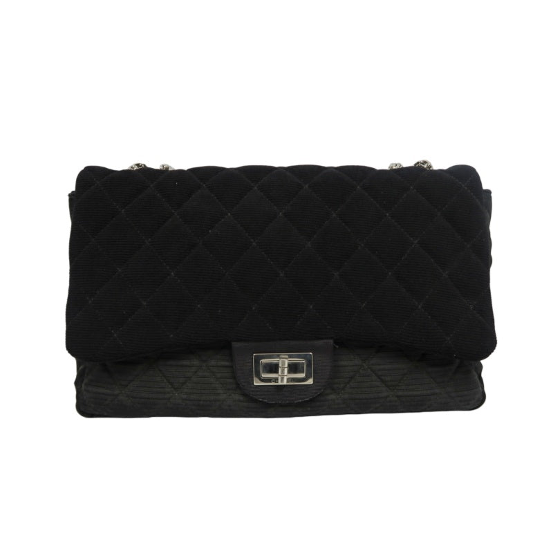 CHANEL 2.55 Canvas Shoulder Bag Black Silver Hardware