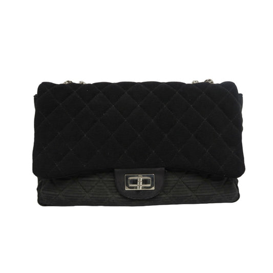 CHANEL 2.55 Canvas Shoulder Bag Black Silver Hardware