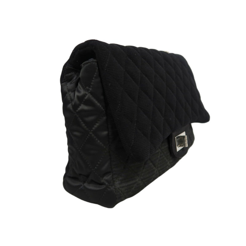 CHANEL 2.55 Canvas Shoulder Bag Black Silver Hardware