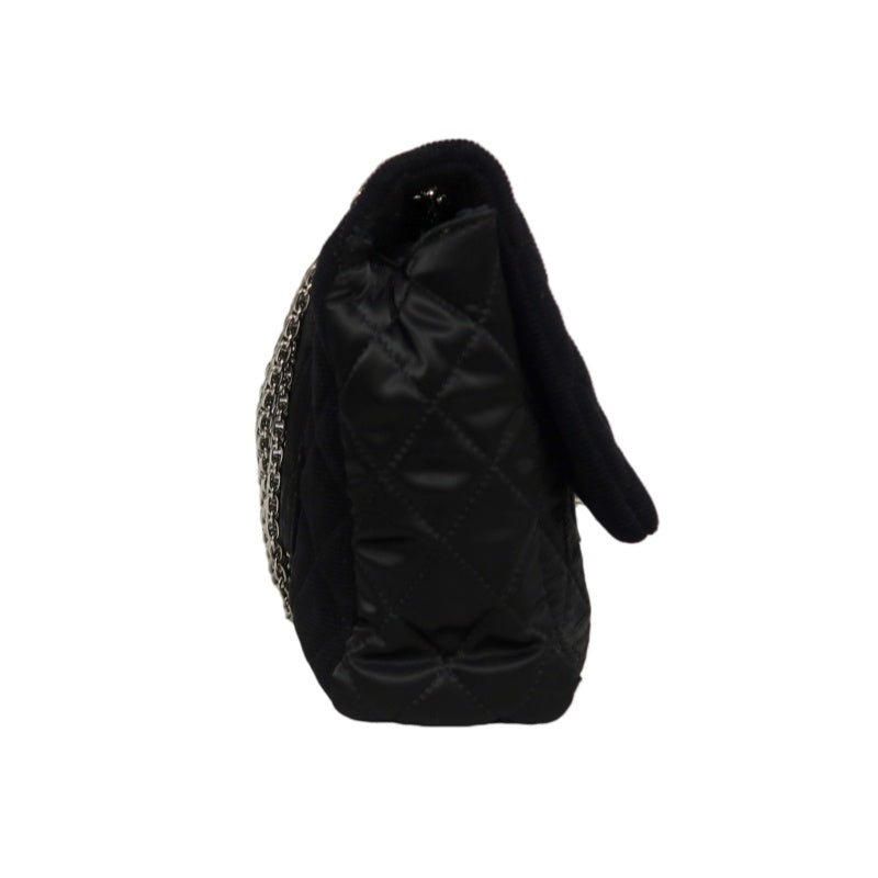 CHANEL 2.55 Canvas Shoulder Bag Black Silver Hardware
