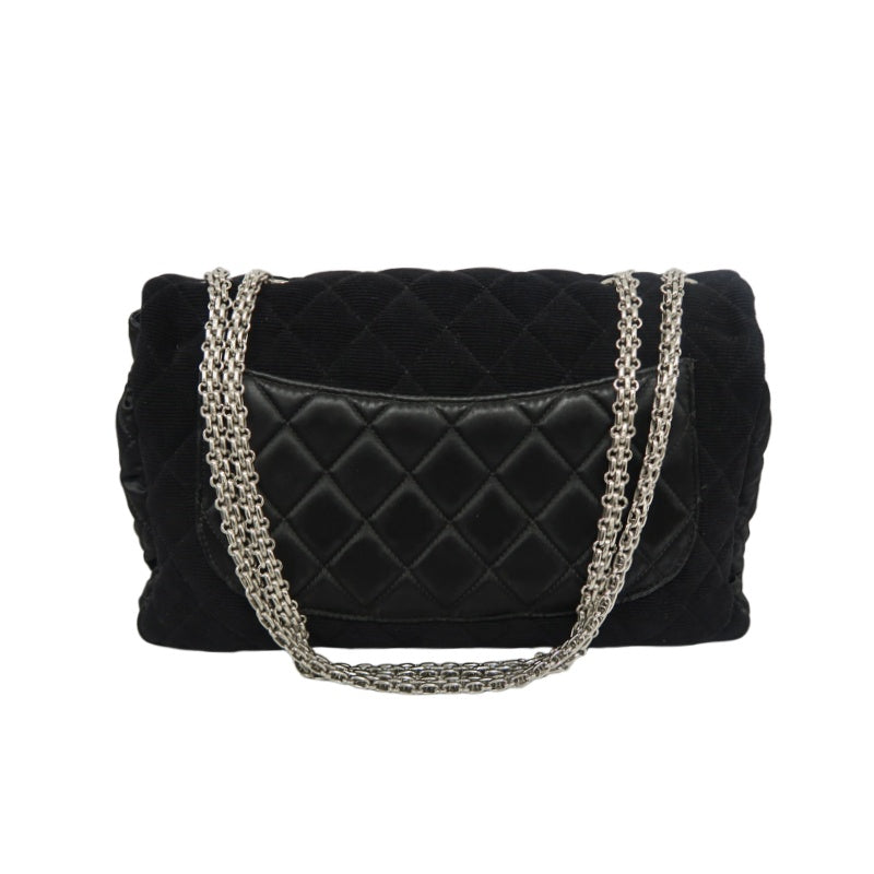 CHANEL 2.55 Canvas Shoulder Bag Black Silver Hardware