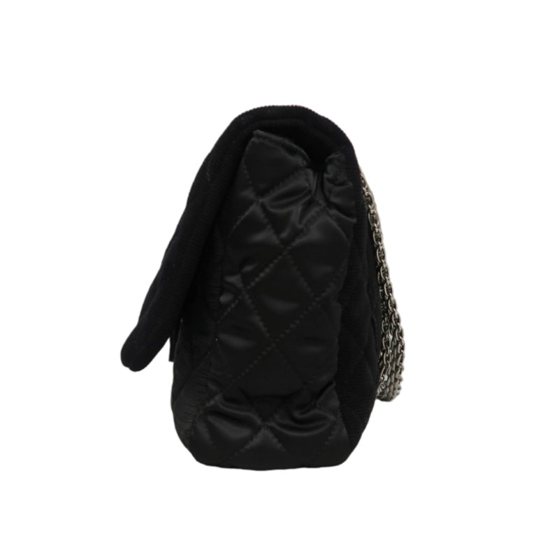 CHANEL 2.55 Canvas Shoulder Bag Black Silver Hardware