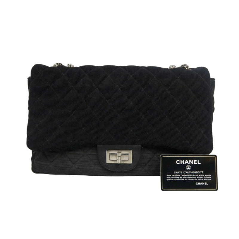 CHANEL 2.55 Canvas Shoulder Bag Black Silver Hardware