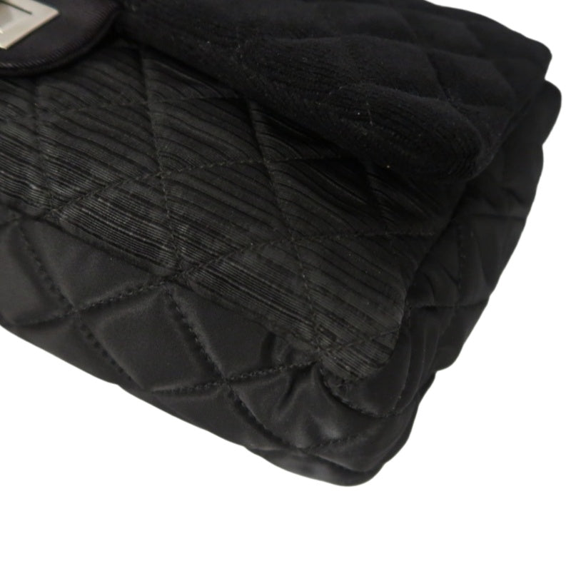 CHANEL 2.55 Canvas Shoulder Bag Black Silver Hardware