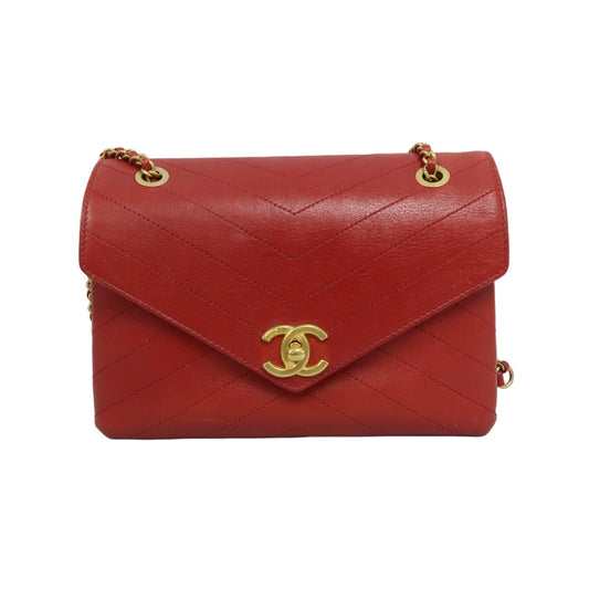 CHANEL Chevron Calfskin Envelope Shoulder Bag Red Gold Hardware
