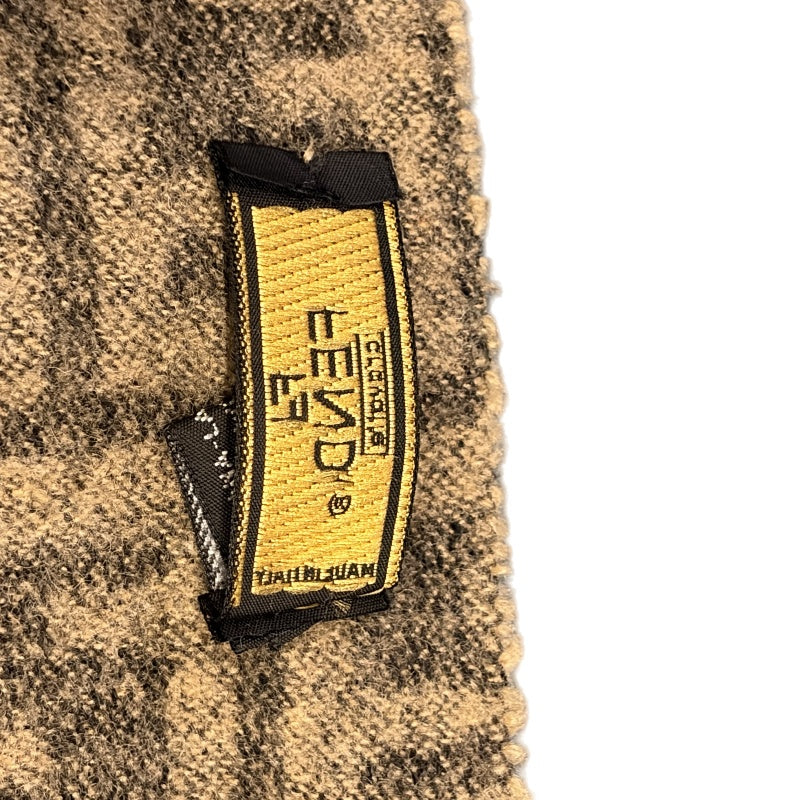 FENDI Zucca Pecan Muffler Scarf 100% Wool Beige x Brown Reversible FF Logo All-over Pattern Fringe Autumn Winter