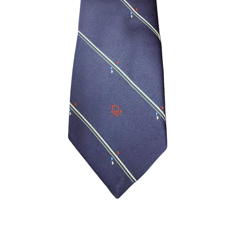 DIOR Polyester Silk Tie, Navy with Stripe Pattern