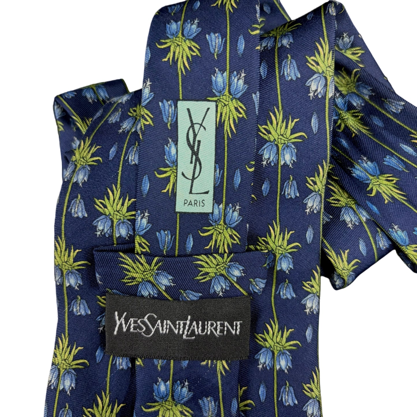 YSL  Floral Print Silk Tie Navy Blue