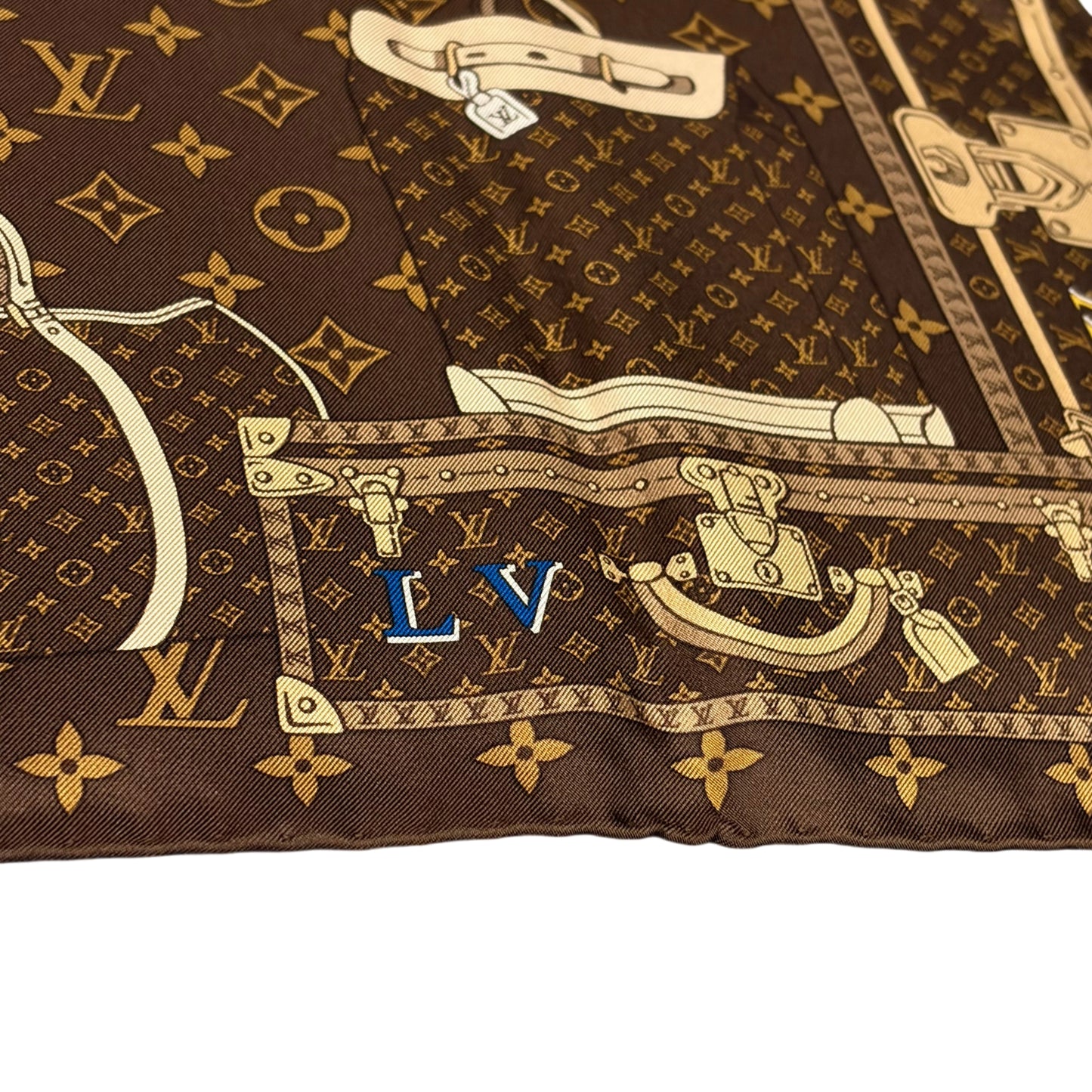 LOUIS VUITTON Monogram Trunk Luggage Full Print 100% Pure Silk Scarf Brown Classic LV Pattern Vintage Travel Theme Rare Collectible Accessory Included Original Gift Box