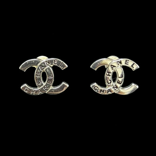 CHANEL Coco Mark Logo Earrings Accessory Silver Metal Double C Stud Pair Stamped Box