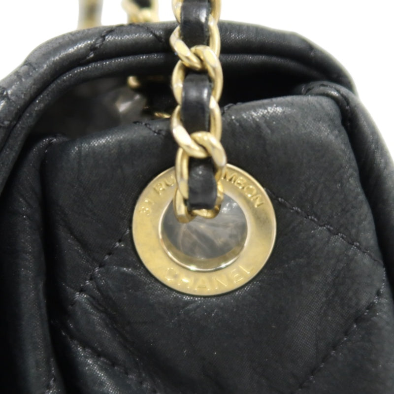 CHANEL Matelassé Calfskin Shoulder Bag Black Gold-Tone Hardware