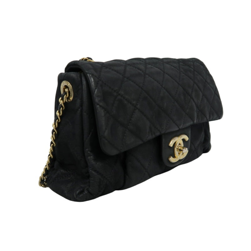 CHANEL Matelassé Calfskin Shoulder Bag Black Gold-Tone Hardware
