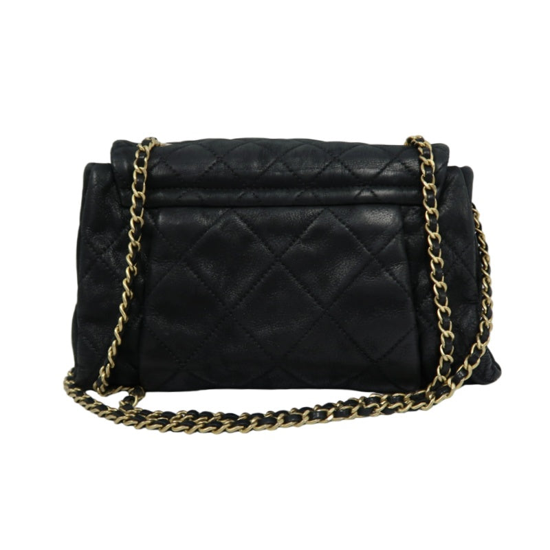 CHANEL Matelassé Calfskin Shoulder Bag Black Gold-Tone Hardware