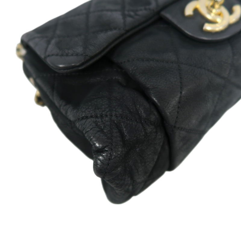 CHANEL Matelassé Calfskin Shoulder Bag Black Gold-Tone Hardware