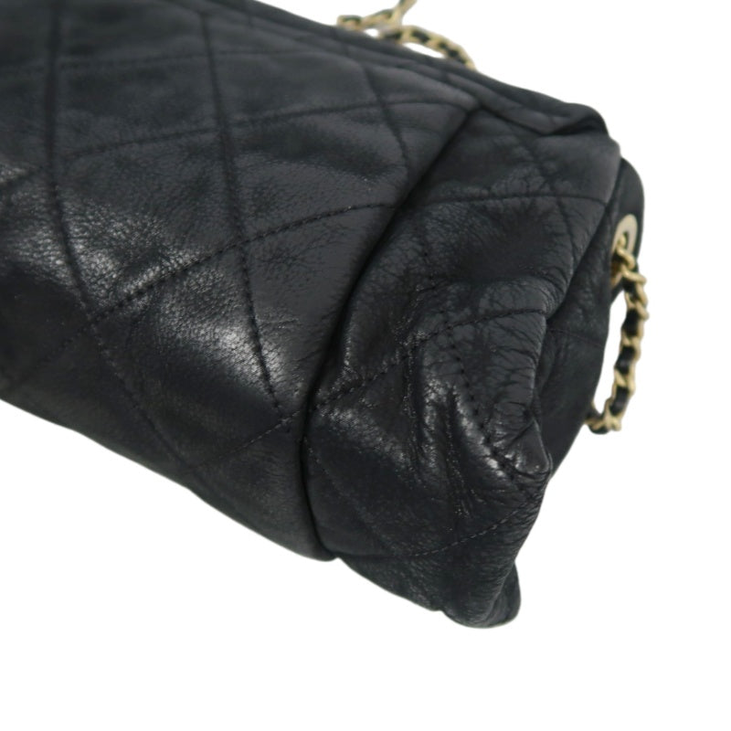 CHANEL Matelassé Calfskin Shoulder Bag Black Gold-Tone Hardware
