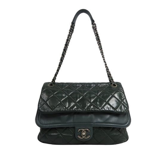 CHANEL Matelassé Lambskin Shoulder Bag Khaki Silver-Tone Hardware