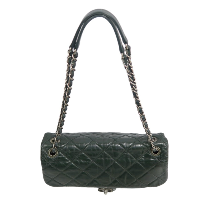 CHANEL Matelassé Lambskin Shoulder Bag Khaki Silver-Tone Hardware