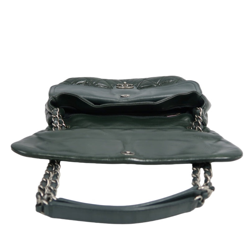 CHANEL Matelassé Lambskin Shoulder Bag Khaki Silver-Tone Hardware