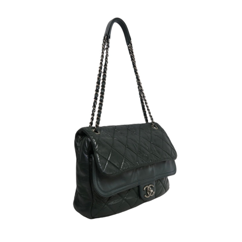 CHANEL Matelassé Lambskin Shoulder Bag Khaki Silver-Tone Hardware