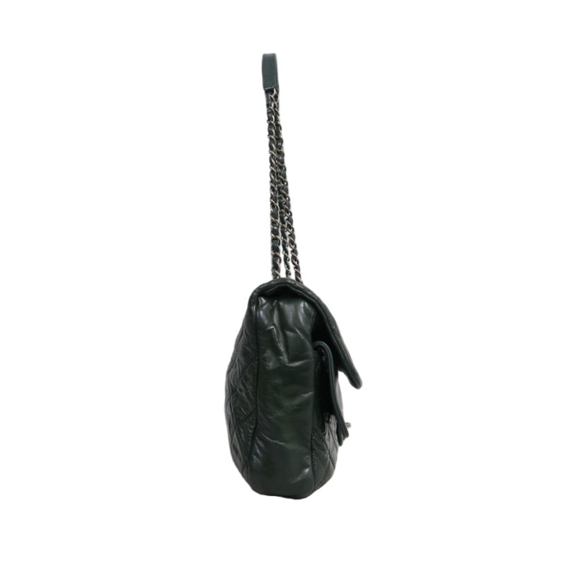 CHANEL Matelassé Lambskin Shoulder Bag Khaki Silver-Tone Hardware