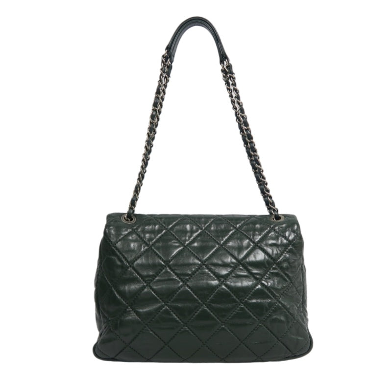 CHANEL Matelassé Lambskin Shoulder Bag Khaki Silver-Tone Hardware