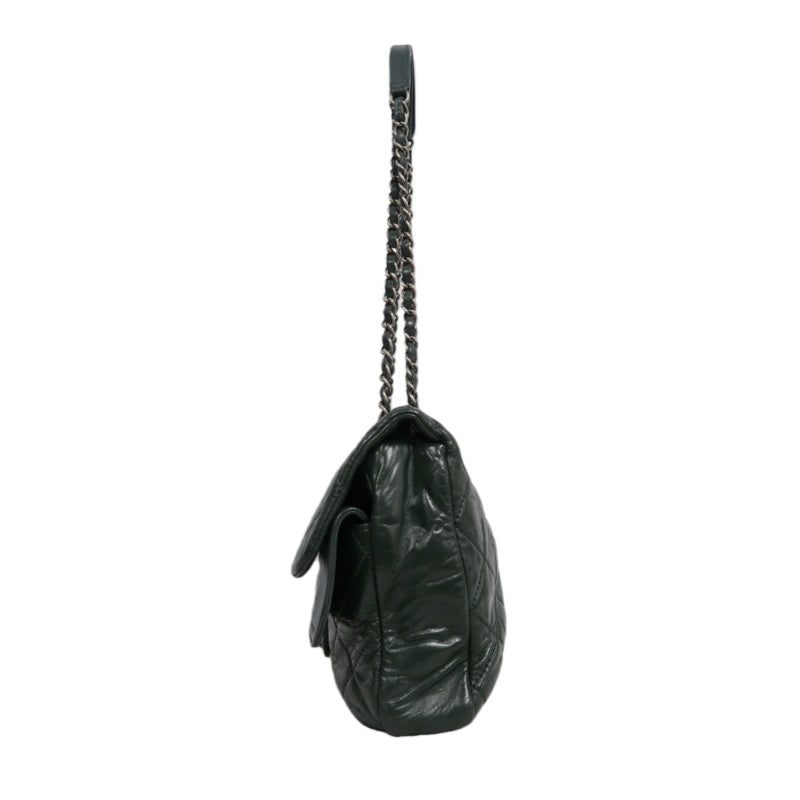 CHANEL Matelassé Lambskin Shoulder Bag Khaki Silver-Tone Hardware