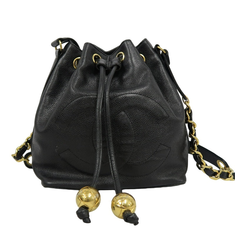 CHANEL Coco Mark Caviar Skin Drawstring Shoulder Bag Black Gold-Tone Hardware