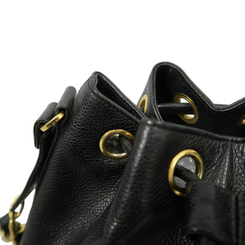 CHANEL Coco Mark Caviar Skin Drawstring Shoulder Bag Black Gold-Tone Hardware