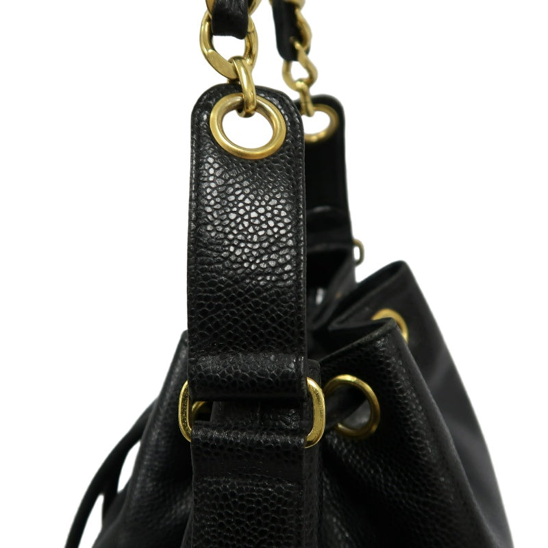 CHANEL Coco Mark Caviar Skin Drawstring Shoulder Bag Black Gold-Tone Hardware
