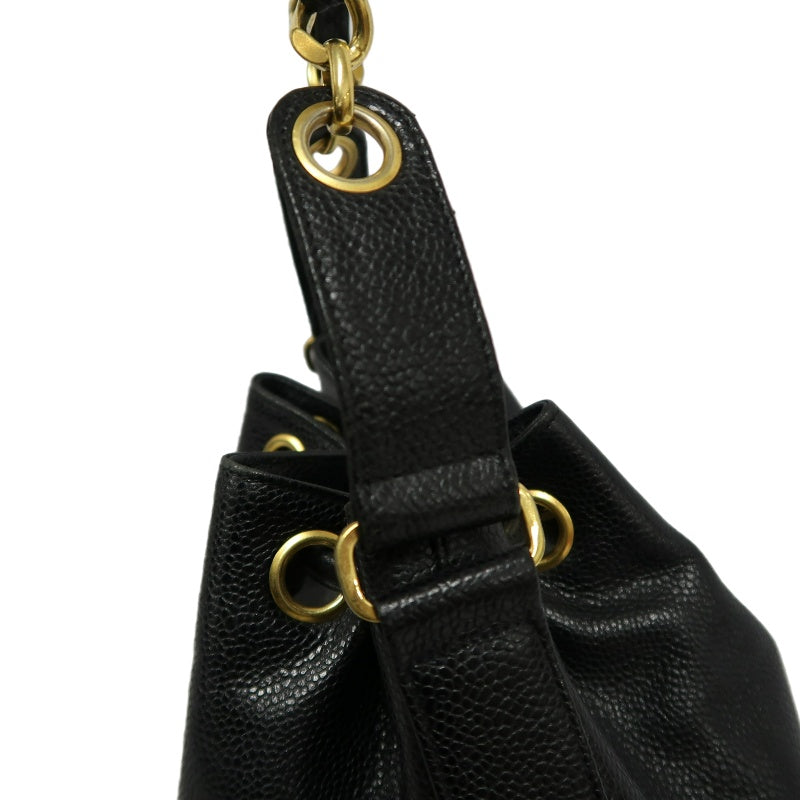 CHANEL Coco Mark Caviar Skin Drawstring Shoulder Bag Black Gold-Tone Hardware