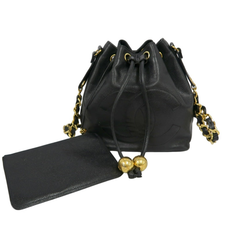 CHANEL Coco Mark Caviar Skin Drawstring Shoulder Bag Black Gold-Tone Hardware