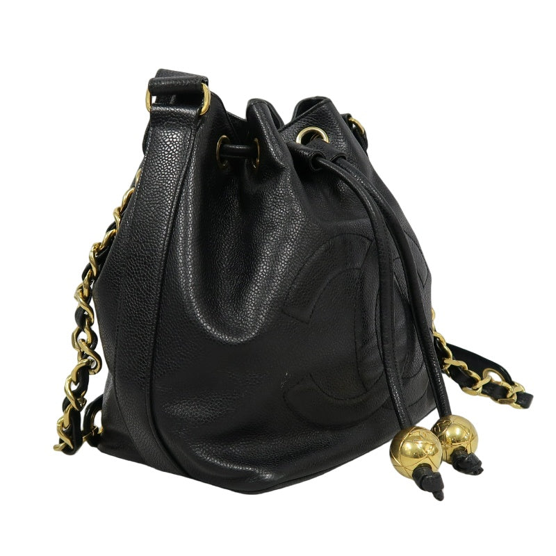 CHANEL Coco Mark Caviar Skin Drawstring Shoulder Bag Black Gold-Tone Hardware