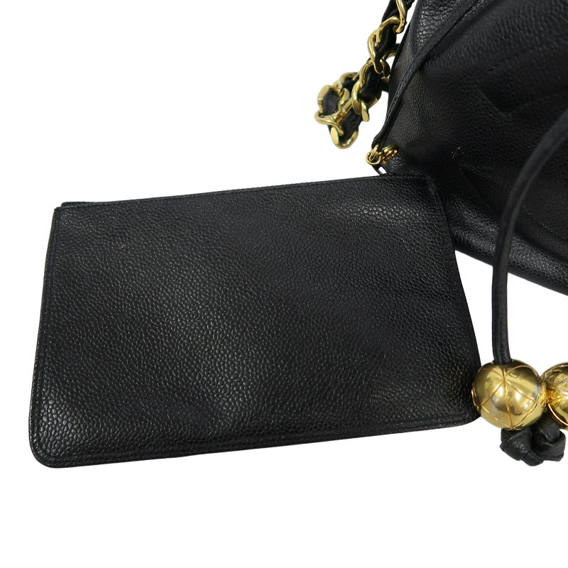 CHANEL Coco Mark Caviar Skin Drawstring Shoulder Bag Black Gold-Tone Hardware