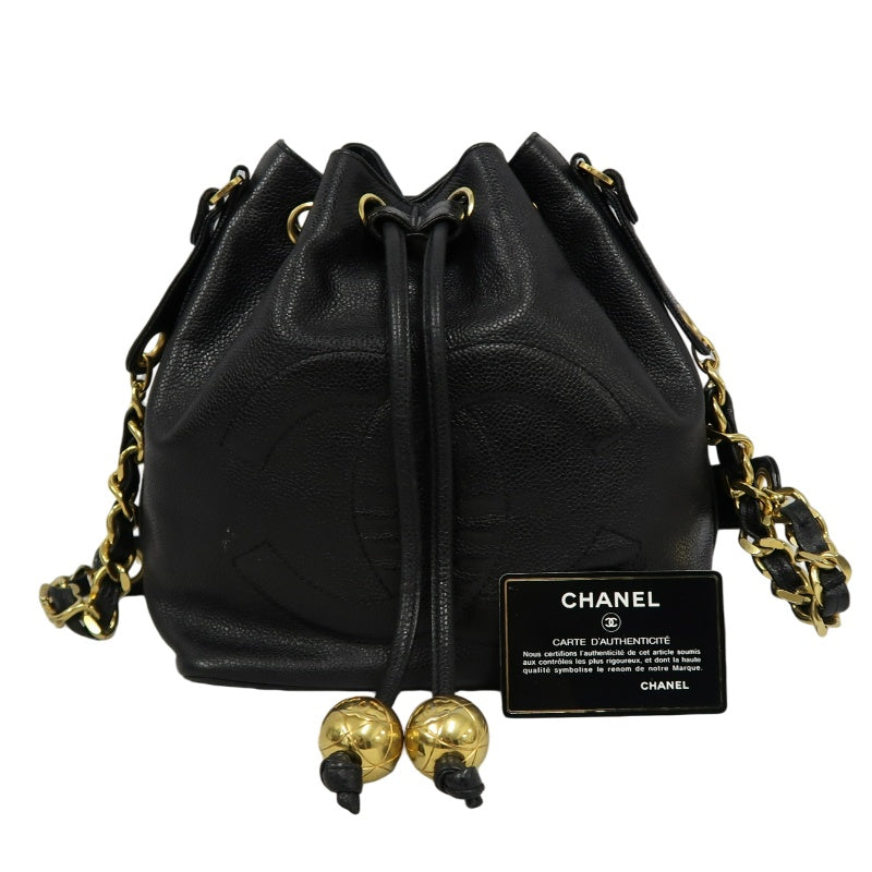 CHANEL Coco Mark Caviar Skin Drawstring Shoulder Bag Black Gold-Tone Hardware