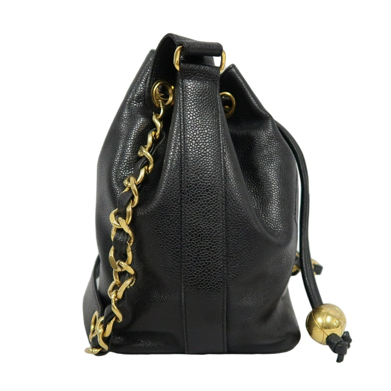 CHANEL Coco Mark Caviar Skin Drawstring Shoulder Bag Black Gold-Tone Hardware