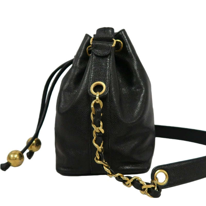 CHANEL Coco Mark Caviar Skin Drawstring Shoulder Bag Black Gold-Tone Hardware