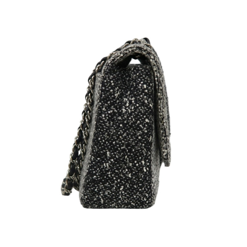 CHANEL CF Matelassé Tweed Shoulder Bag Black Silver-Tone Hardware