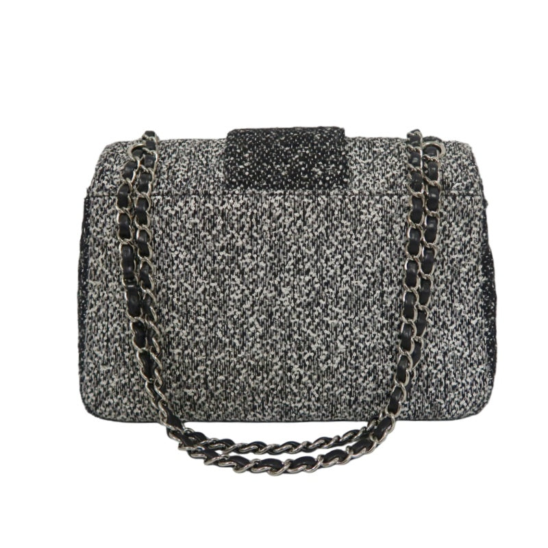 CHANEL CF Matelassé Tweed Shoulder Bag Black Silver-Tone Hardware