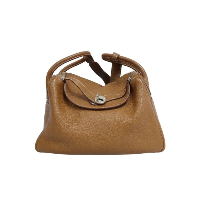 HERMES Lindy Calf Leather Handbag Brown Silver-Tone Hardware