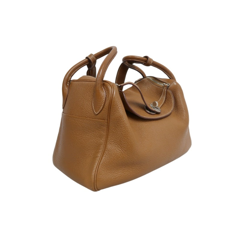 HERMES Lindy Calf Leather Handbag Brown Silver-Tone Hardware