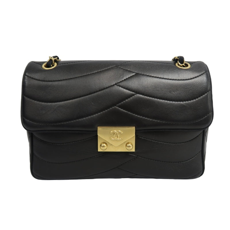 CHANEL Wave Stitch Lambskin Shoulder Bag Black Gold-Tone Hardware
