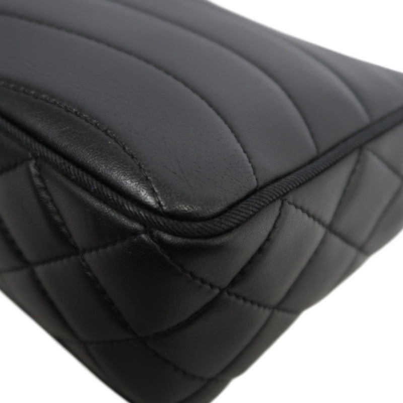 CHANEL Wave Stitch Lambskin Shoulder Bag Black Gold-Tone Hardware