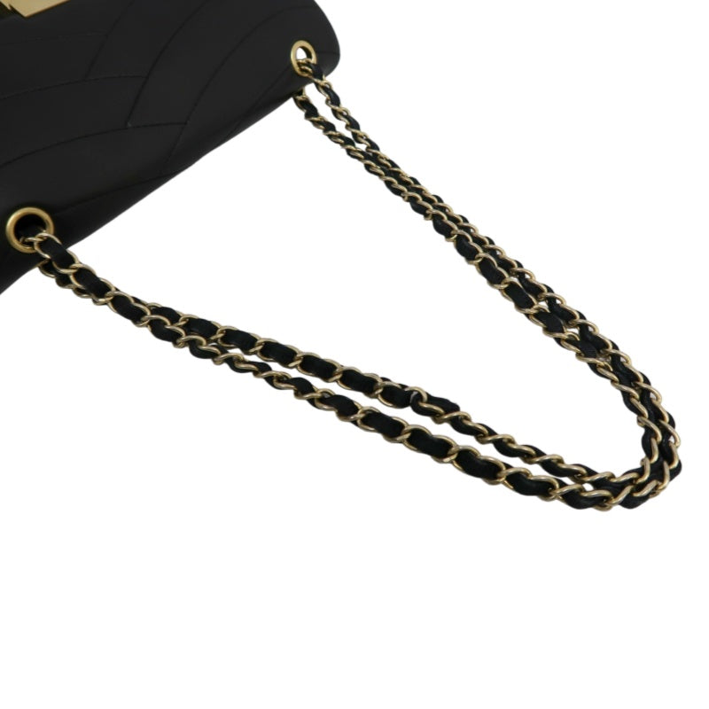 CHANEL Wave Stitch Lambskin Shoulder Bag Black Gold-Tone Hardware